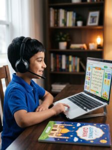 Young Muslim boy attending a live online Quran class with Al Muslim Quran Academy using an interactive learning platform.